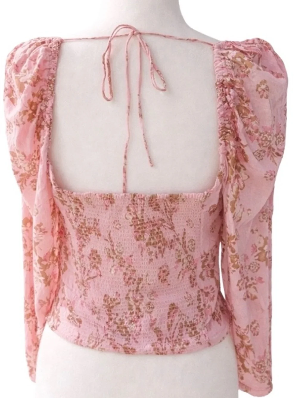 Free People Hilary Floral Ruched Top Pink Square Neck NWT L Fits S